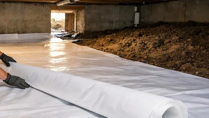 Installer rolling out a ground liner across the soil of a crawl space, covering the ground only