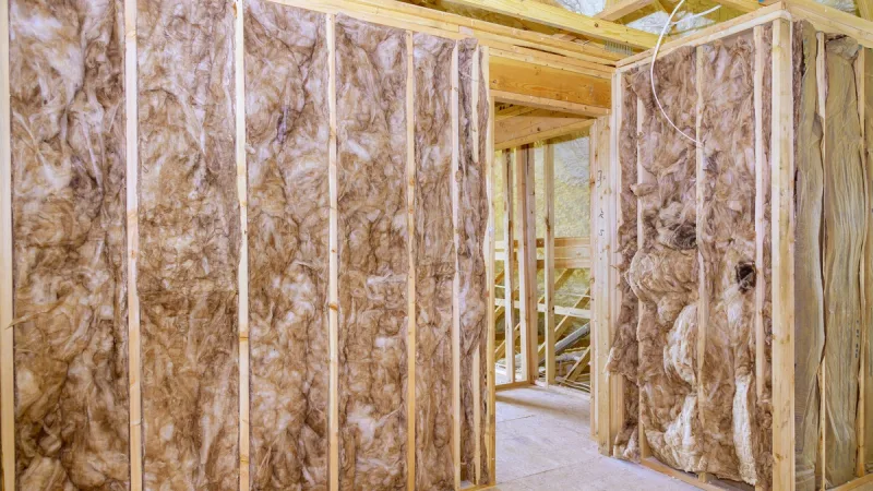 Fiberglass batts filling every stud bay at full loft across a framed interior wall, dry and ready for drywall