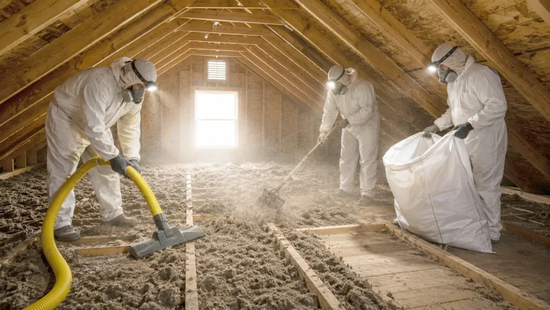 Crew removing old blown-in insulation from an attic, vacuuming and raking it into a sealed disposal bag
