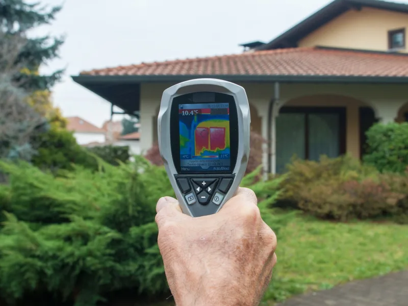 Handheld thermal camera reading heat loss across a home exterior
